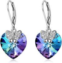 wholesale 925 Sterling Silver Butterfly & Crystal Heart Drop Earrings with Leverbacks-A-Butterfly-Purple