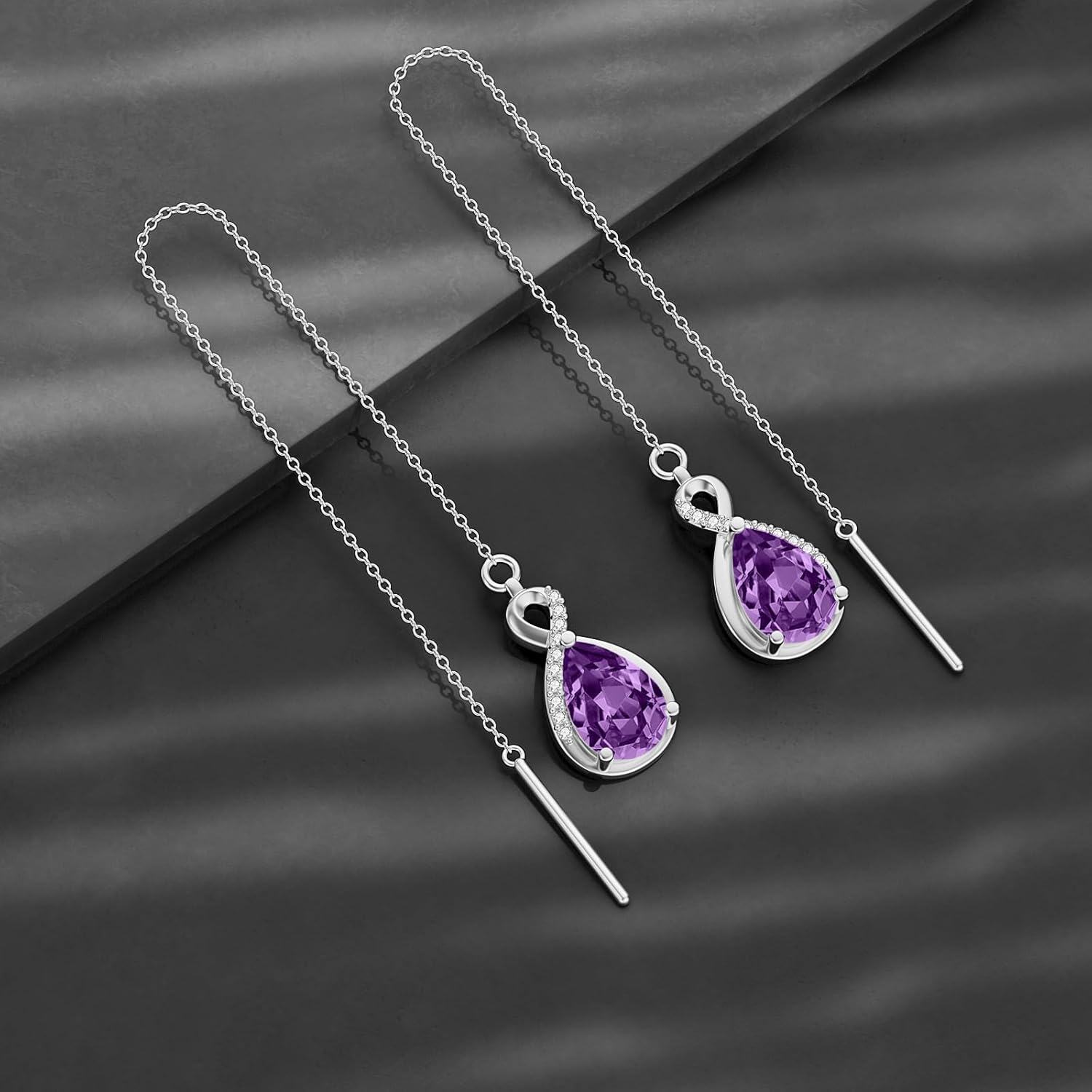 925 Sterling Silver 12 Birthstone Infinity Threader Drop Earrings for Women-0-2