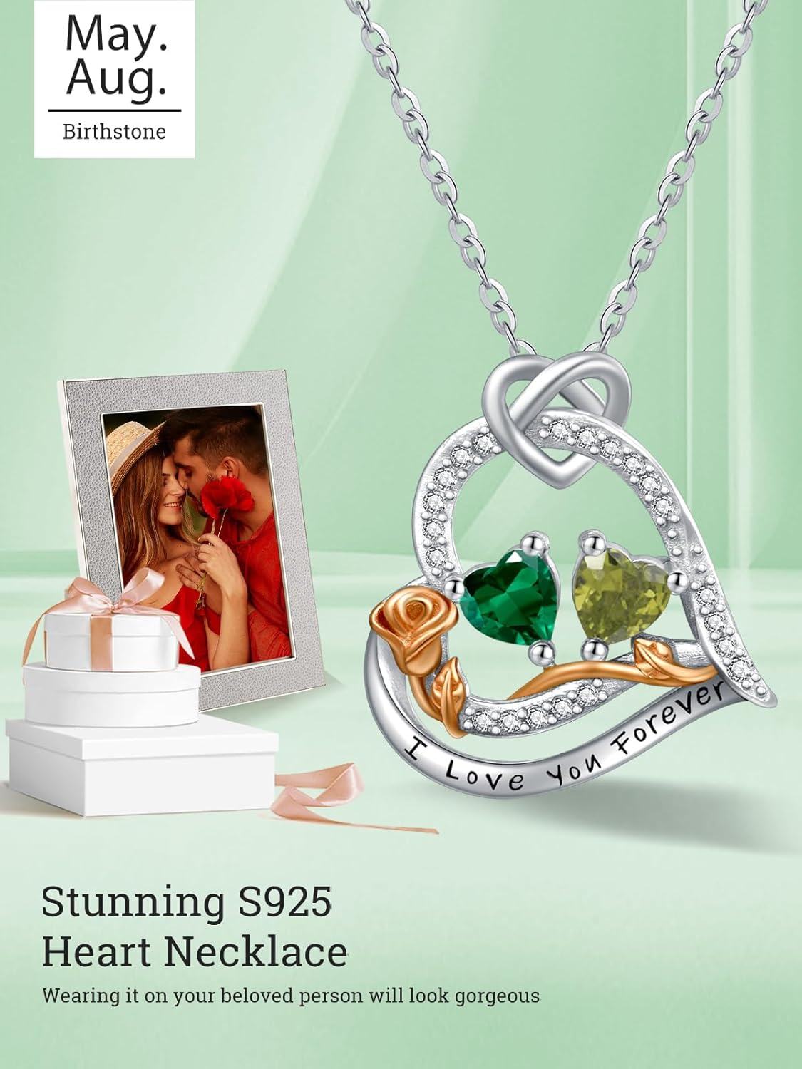  Sterling Silver 2 Birthstones Rose Heart Necklace for Women -0-3