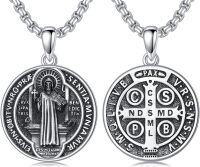 wholesale 925 Sterling Silver Saint Benedict Medal Cross Pendant Necklace for Men Women Catholic  36 Chain Length-A08-Saint Benedict-Silver(Round)