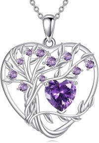 wholesale 925 Sterling Silver Birthstone Tree of Life Heart Pendant Necklace for Women-B February Purple