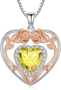 wholesale 925 Sterling Silver Birthstone Heart Rose Pendant Necklace for Her-11-Nov-Citrine