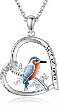 wholesale 925 Sterling Silver Enamel Bird in Heart Pendant Necklace for Women Lover Gifts-Kingfisher