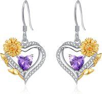 wholesale Sterling Silver Cubic Zirconia Sunflower Heart Dangle Hoop Earrings-02 Feb