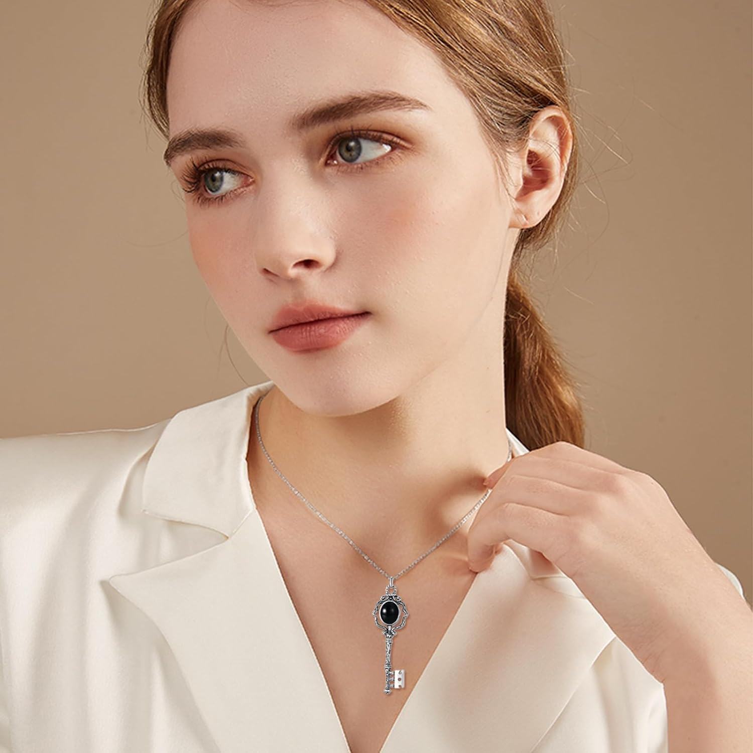 Sterling Silver Stone Retro Key Necklace for Women Exquisite Jewelry Gift-0-2