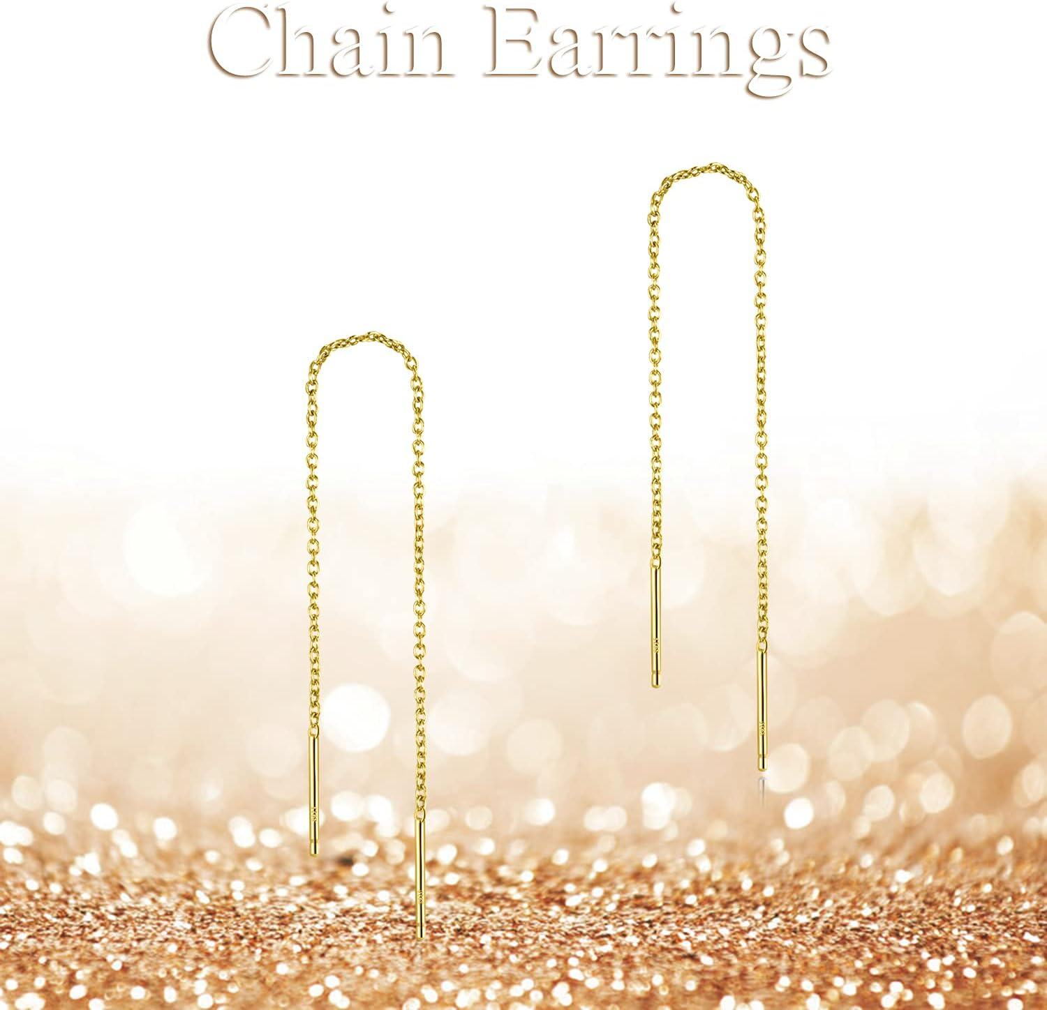 Gold 925 Sterling Silver Threader Chain Dangle Earrings with Long Bar Pendant for Women 925 Gold Plated Minimalist  Idea-0-4