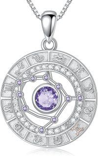 wholesale Sterling Silver White Gold Plated Zodiac Necklace with Birthstone for Women-Gemini&Alexandrite&05.21-06.20