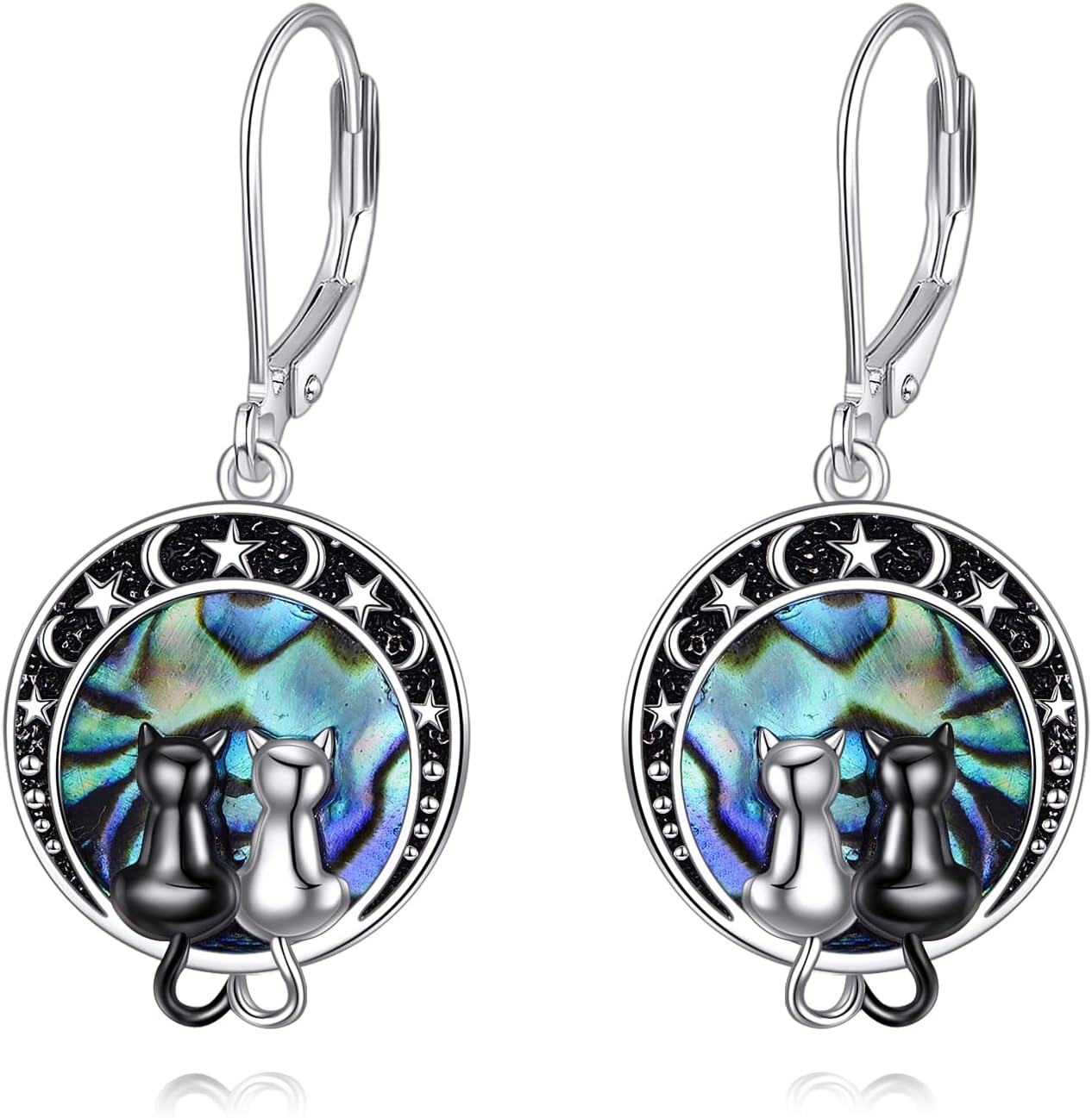 Sterling Silver Moon Star Wolf Drop Dangle Earrings Jewelry Gifts for Women-Animal earrings-Cat