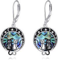 wholesale 925 Sterling Silver Cat Moon Star Abalone Shell Leverback Earrings  for Women-Animal earrings-Cat