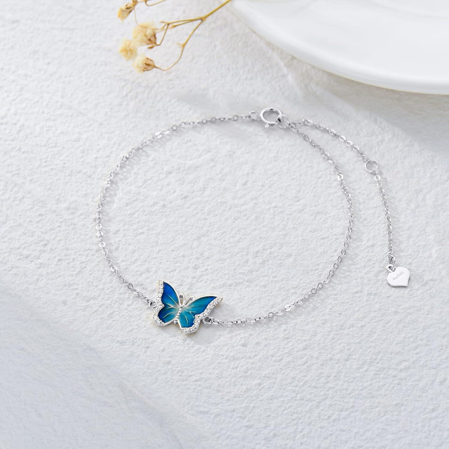 14K Gold Blue Butterfly Bracelet for Women Solid 14K Animal Lover Jewelry Gift-0-5