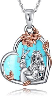 wholesale Sterling Silver Stone Alice in Wonderland Cat Pendant Necklace Tree of Life Jewelry Gift for Women-Bunny-Turquoize