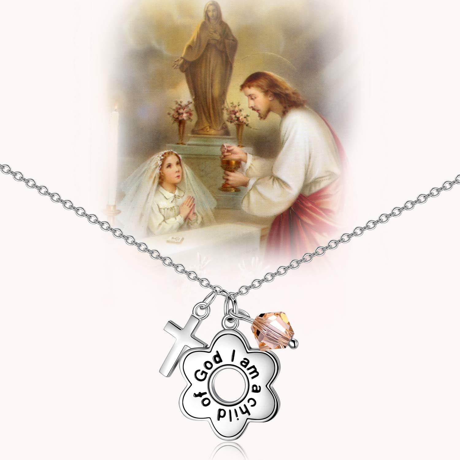 925 Sterling Silver Daisy Child of God Necklace for Girls Baptism Communion Birthday-0-4