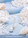 wholesale 14K Gold Freshwater Pearl Pendant Necklace with Rolo Chain & Cubic Zirconia-0-4