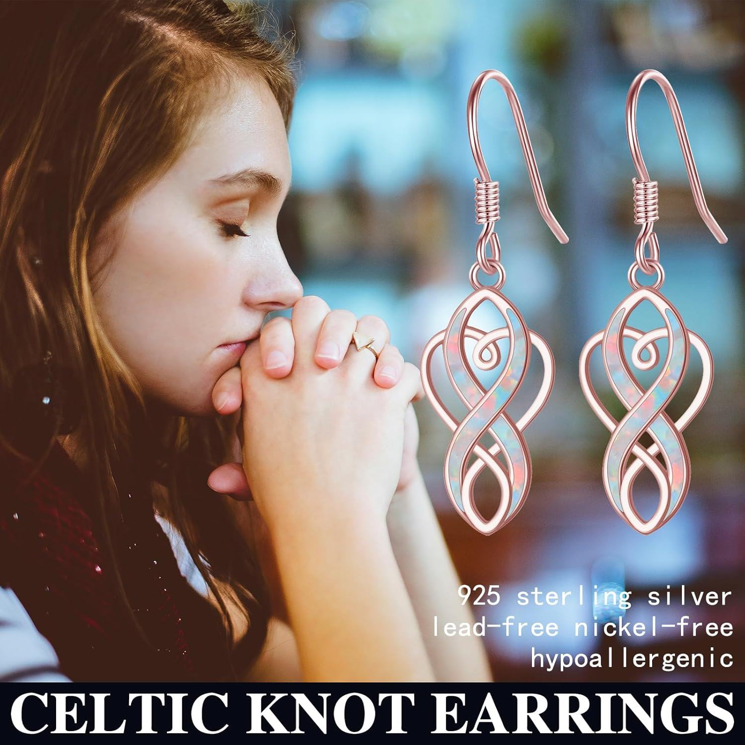 wholesale 925 Sterling Silver White Opal Celtic Knot Drop Earrings Irish s for Women-0-5