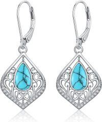 wholesale Sterling Silver Filigree Teardrop Drop Dangle Birthstone Earrings-Turquoise