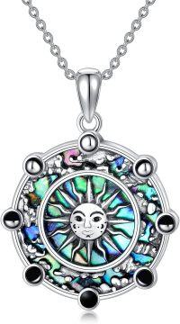 wholesale 925 Sterling Silver Sun Face Pendant Necklaces with Abalone Shell Inlay and Black Beads for Women/Men-Sun