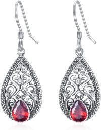 wholesale 925 Sterling Silver with Teardrop Birthstone Vintage Filigree Earrings-01-Garnet-Red