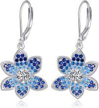 wholesale 925 Sterling Silver Blue Flower Drop Earrings with Leverback Hooks for Women's Holiday Gifts-Blue