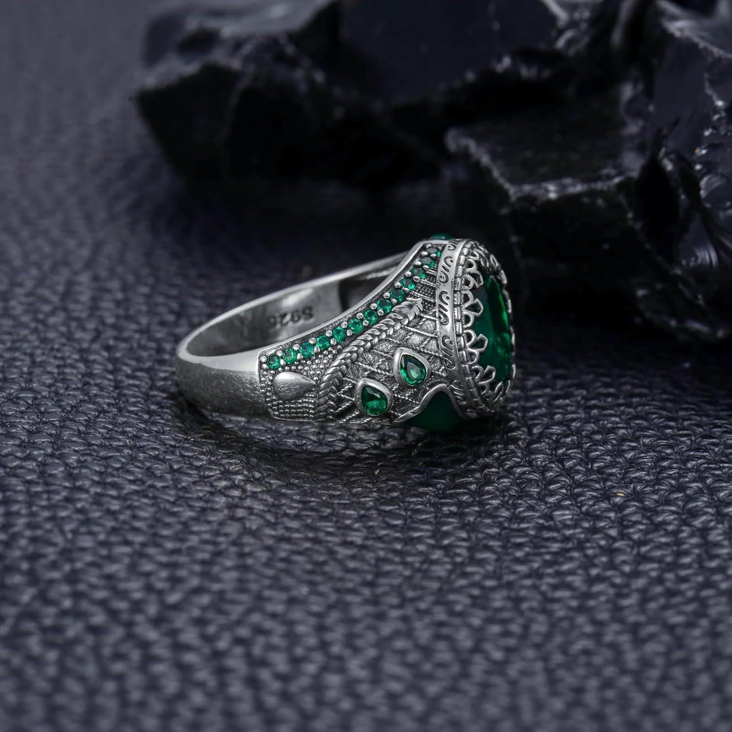 Sterling Silver Emerald Round Ring for Men Vintage Retro Jewelry Gift-0-3