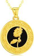 wholesale Gold 925 Sterling Silver Round Pendant with Black Onyx and Yellow Gold Plated Sunflower Design - 925 Jewelry for Women-0-0