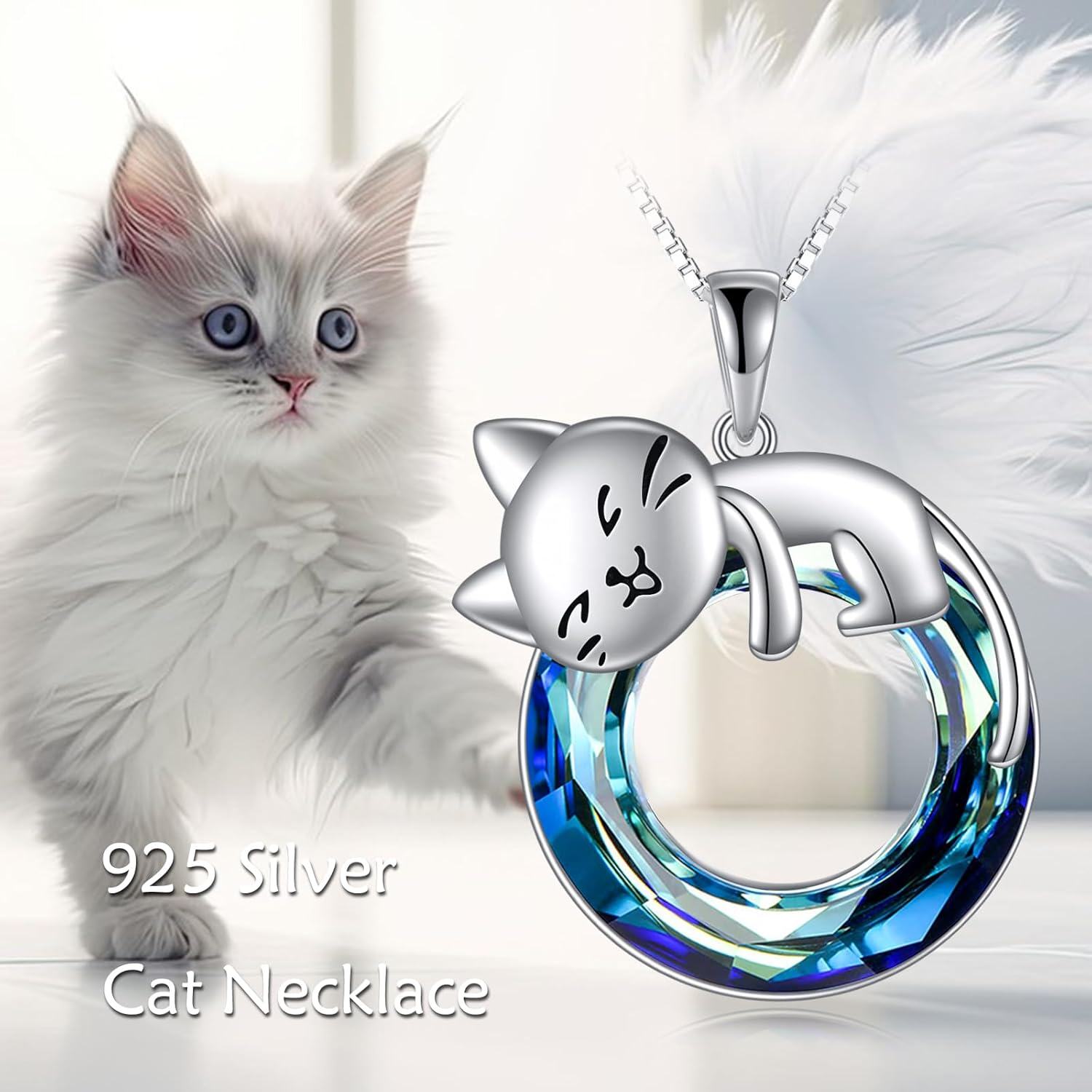 925 Sterling Silver Green Crystal Cats Pendant Necklace for Women-0-5