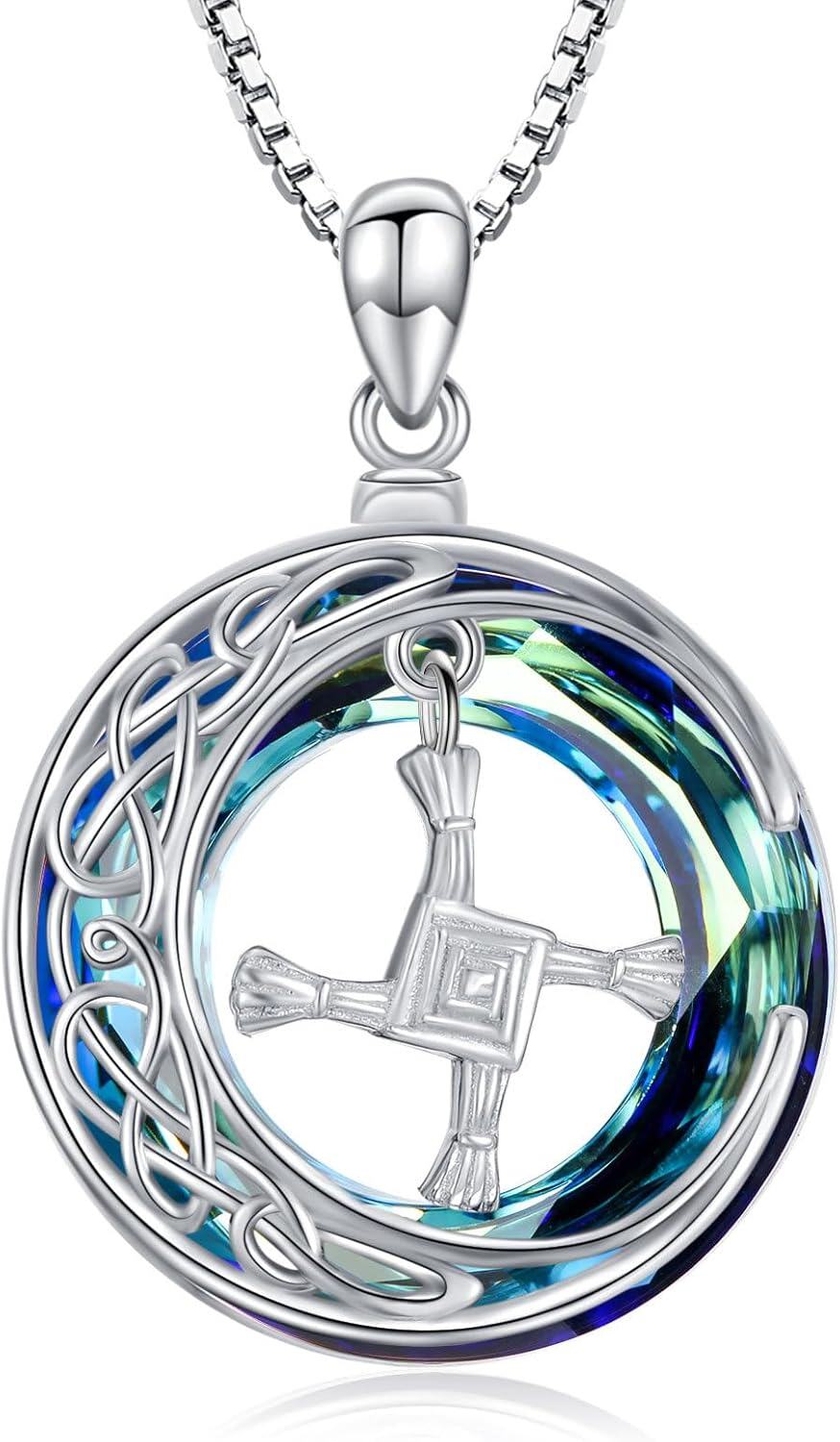 wholesale 925 Sterling Silver Celtic Knot & St Bridget's Cross Pendant Necklace with Blue Crystal Stone - Irish  for Her Him-0-0