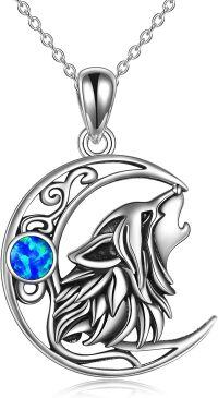 wholesale 925 Sterling Silver Blue Fire Opal Moon Wolf Head Pendant Necklace s for Women and Girls 43cm Chain Length-Style-4-Wolf Necklace with Opal