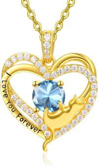 wholesale Sterling Silver Birthstone Cat Projection Heart Pendant Necklace-Gold-03 Mar - Aquamarine