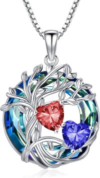 wholesale 18K White Gold Filled Sterling Silver Family Tree Pendant with 2 Heart Birthstones Blue Austrian Crystal Necklace for Women-01-09-Jan-Sept Birthstone