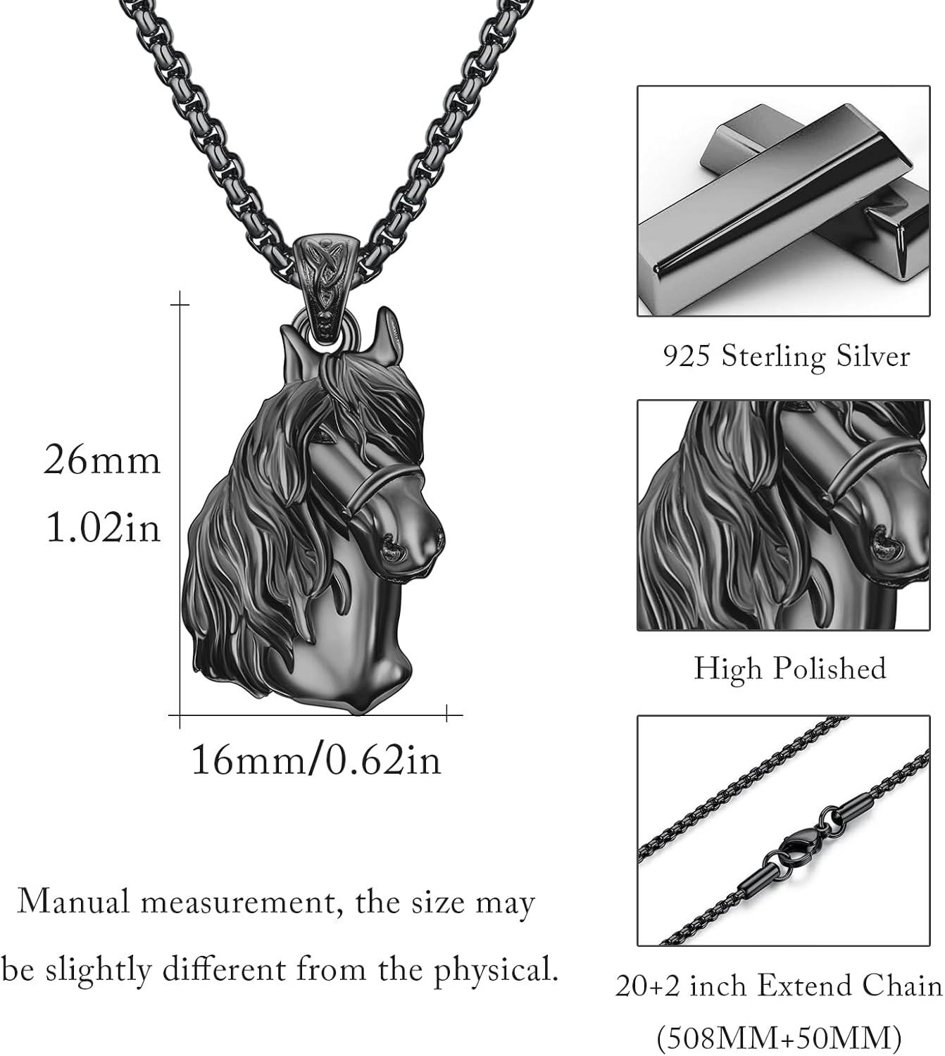 925 Sterling Silver Black Horse Head Pendant Necklace - Equestrian s for Her-0-4
