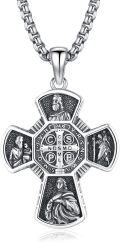 wholesale 925 Sterling Silver Cross Pendant with Saint Benedict Design - 3D Relief Crucifix Charm Necklace for Men & Women-0-0