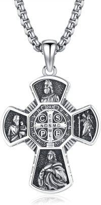 wholesale 925 Sterling Silver Cross Pendant with Saint Benedict Design - 3D Relief Crucifix Charm Necklace for Men & Women-Saint Benedict Medal Necklace