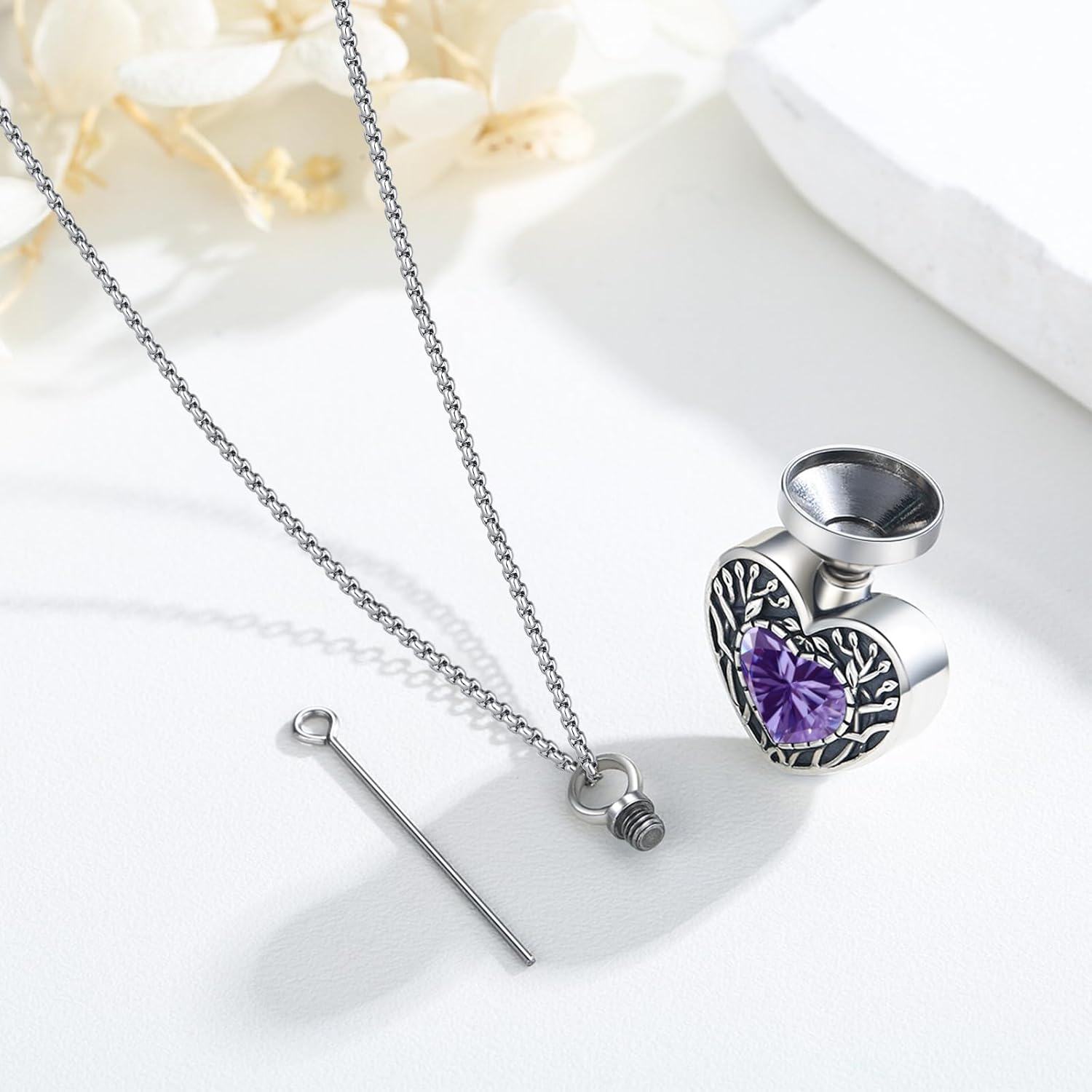 925 Sterling Silver Heart Shaped Purple Crystal Memorial Urn Necklace with Funnel and Fill Tool for Ashes Keepsakes-0-4