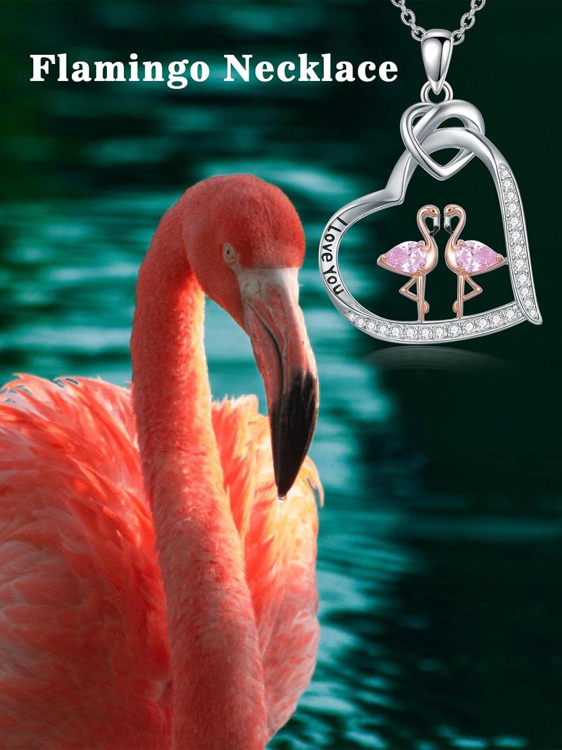 925 Sterling Silver Flamingo Heart Love You Pendant Necklace-0-5