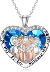 wholesale 925 Sterling Silver Heart-Shaped Blue Crystal Angel Wings Pendant Necklace Gift for Sisters and Moms-5 Sisters Necklace