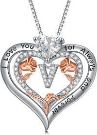 wholesale Sterling Silver Rose Pendant Necklace A Z Initial Letter Heart Jewelry for Women Valentine Mother s Day Birthday Gifts for Her-Letter V