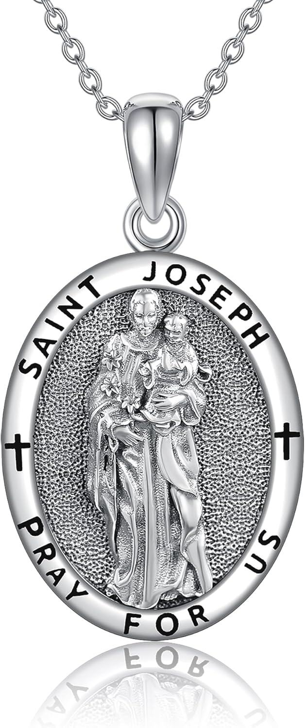 925 Sterling Silver Religious St Joseph Medal Necklace Protection Gift for Men & Women-0-0
