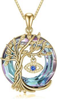wholesale Gold Plated 925 Sterling Silver Evil Eye Necklace with Blue Crystal Tree of Life Pendant-Evil Eye-Purple Crystal-Gold