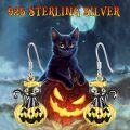 wholesale 925 Sterling Silver Hypoallergenic Cute Black Cat on Jack-o'-Lantern Halloween Earrings for Women and Girls-0-7