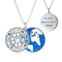 wholesale 925 Sterling Silver Compass Moonstone World Map Necklace With Inspirational Quote-01-Compass Necklace Non-custom