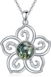wholesale 925 Sterling Silver Labradorite Floral Pendant Necklace with Cubic Zirconia Accents and Chain for Women Girls  45cm Length-Style 23-Moss Agate