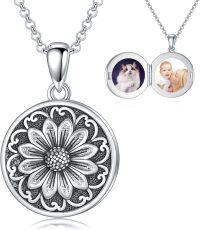 wholesale Sterling Silver Round Picture Locket Necklace Holds 2 Photos Jewelry Gift-Sunflower Locket Necklace Only-Sunflower Locket Necklace+Photo+Text