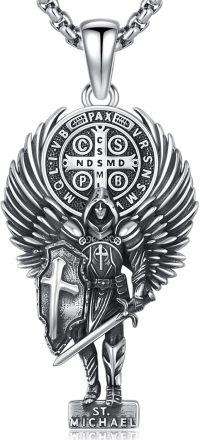 wholesale 925 Sterling Silver Saint Michael Pendant with St Benedict Medal on 24 Chain-Silver
