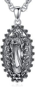 wholesale 925 Sterling Silver & Oxidized Silver Virgin Mary Miraculous Medal Pendant with Floral Design, 22 -0-0
