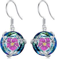 wholesale 925 Sterling Silver Round Blue Crystal Pink Flower Drop Earrings for Women-02-February-Violet
