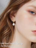 wholesale 14K Gold White Freshwater Pearl Drop Earrings with Diamonds-0-2