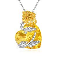 wholesale 925 Sterling Silver Heart Pendant With Golden Flower Pink Heart Detailing Chain Necklace Wholesale Jewelry-11-Novermber-Citrine-Chrysanthemum