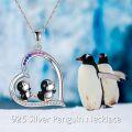 wholesale 925 Sterling Silver Penguin Love Heart Pendant Necklace with Pink Blue Crystal  for Women Girl Xmas Present-0-4