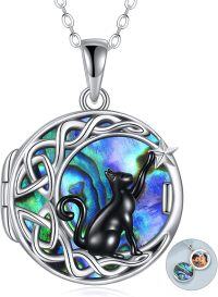 wholesale 925 Sterling Silver Abalone Shell Celtic Moon Black Cat Locket Pendant Necklace for Women-G-Black Cat Abalone Locket Necklace