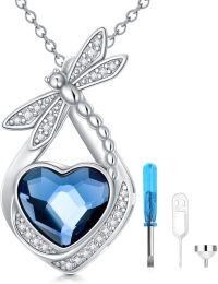 wholesale 925 Sterling Silver Blue Heart Crystal Dragonfly Locket Pendant Necklace with Funnel and Keychain Set-Dragonfly